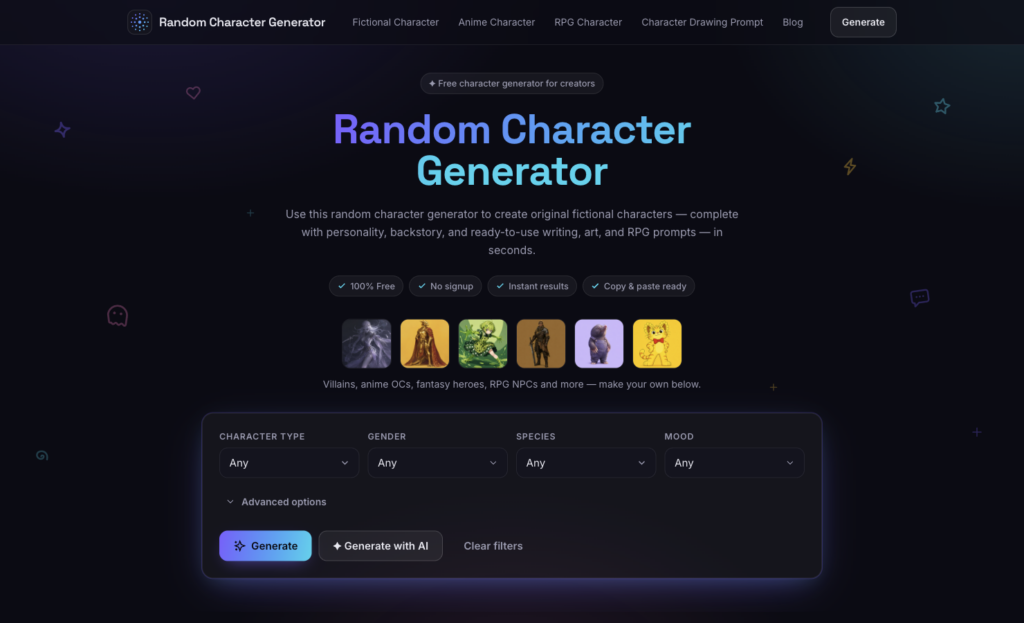 Hero screenshot of a dark-themed Random Character Generator UI with the title 'Random Character Generator', a subtitle, feature pills, and a large 'Generate' control area.