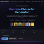 Hero screenshot of a dark-themed Random Character Generator UI with the title 'Random Character Generator', a subtitle, feature pills, and a large 'Generate' control area.