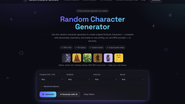 Hero screenshot of a dark-themed Random Character Generator UI with the title 'Random Character Generator', a subtitle, feature pills, and a large 'Generate' control area.