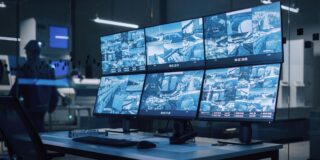 Security operations center with a curved video wall showing multiple CCTV feeds and a technician in the background wearing a hard hat.