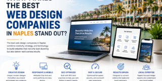 Bold hero header about the best web design companies in Naples, with laptops and a tablet by a waterfront.