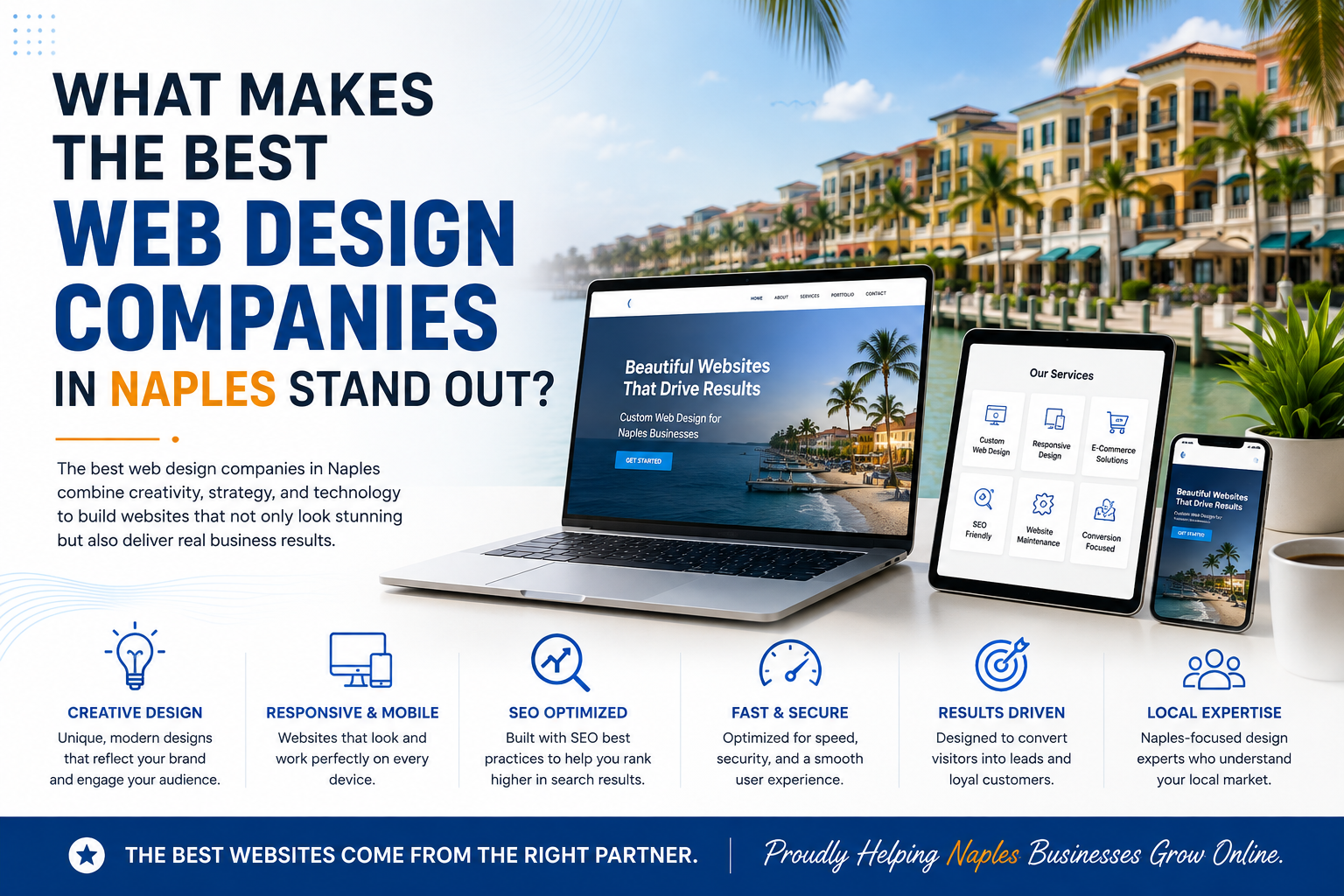 image - purshoLOGY Bold hero header about the best web design companies in Naples, with laptops and a tablet by a waterfront.