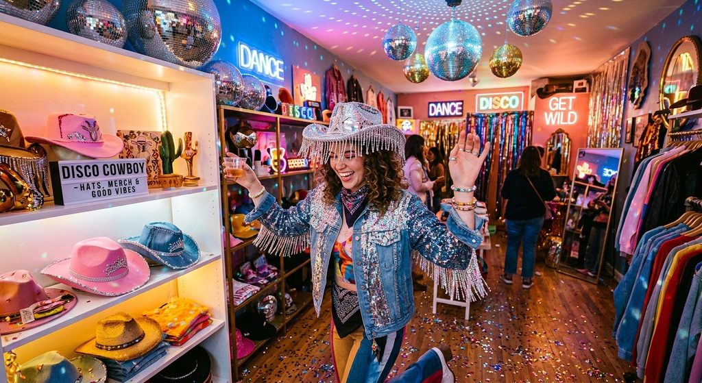 image - purshoLOGY Woman dancing in a bright disco-themed clothing store, sequined fringe jacket, hats on shelves, neon 'DANCE' signs overhead.