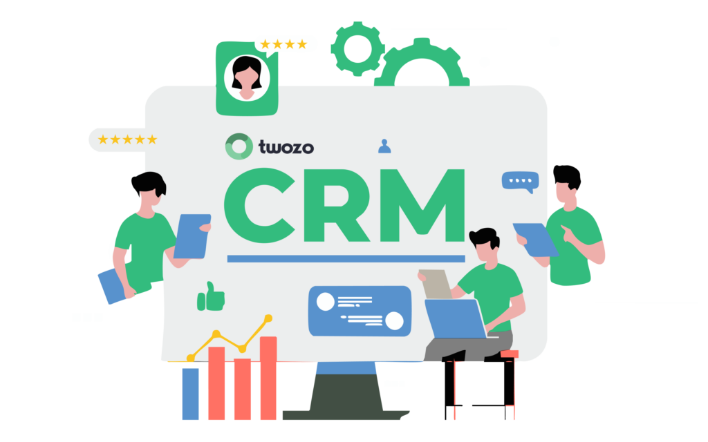 Team collaborating around a large CRM banner with charts and speech bubbles, illustrating CRM tools and data analysis.