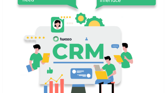 Twozo CRM infographic highlighting features: clean interface, seamless integrations, and highly customizable options plus brief benefit statements around a central CRM illustration.