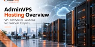 AdminVPS Hosting Overview banner with neon server racks and a glowing cloud network in a data center.