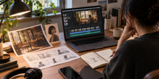 Person editing video on a laptop at a cluttered wooden desk with printed sketches, photos, and a notebook nearby.