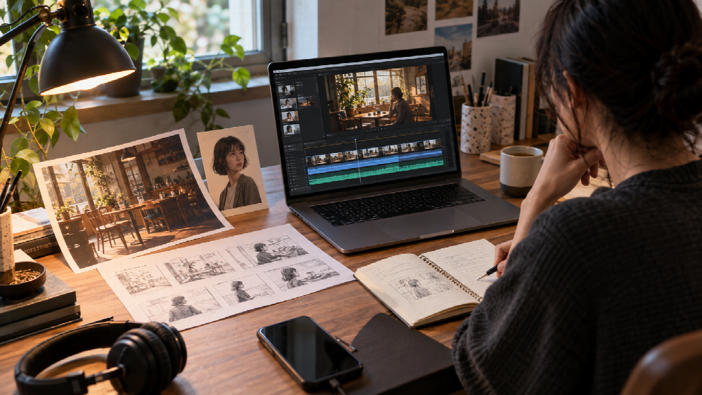 image - purshoLOGY Person editing video on a laptop at a cluttered wooden desk with printed sketches, photos, and a notebook nearby.