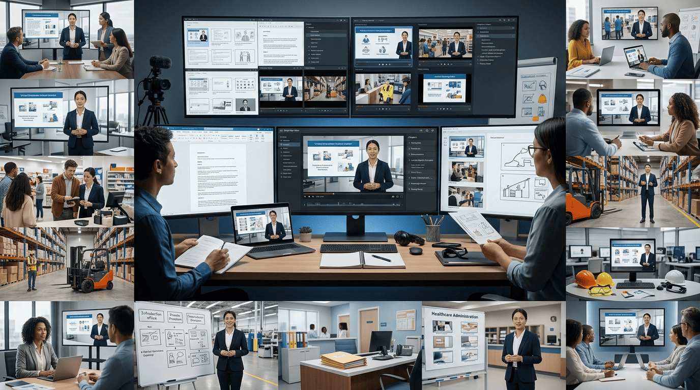 How Can an AI Long Video Generator Fix Training Across Multiple Locations? - purshoLOGY Trainer presenting across multiple monitors in a modern training room; colleagues watch and take notes in the background.