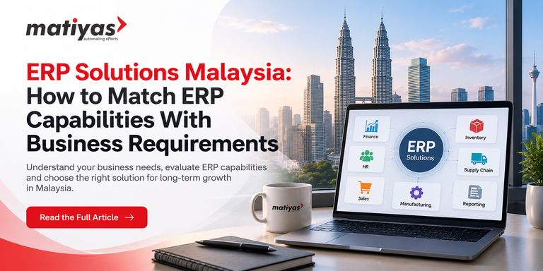 Promotional banner with 'ERP Solutions Malaysia' headline, city skyline, laptop showing ERP icons, and a red 'Read the Full Article' button.