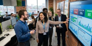 Team of five colleagues review a large data dashboard projected on a wall screen in a bright office.