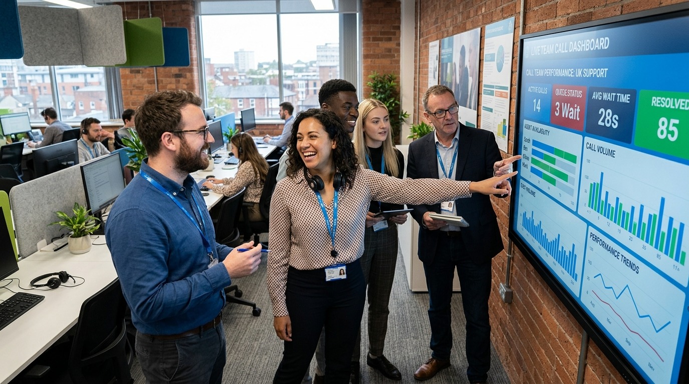image - purshoLOGY Team of five colleagues review a large data dashboard projected on a wall screen in a bright office.