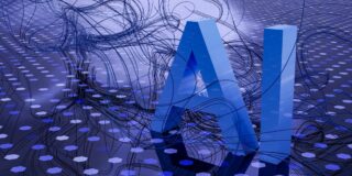 Abstract blue 3D columns with tangled black wires in a futuristic digital scene.