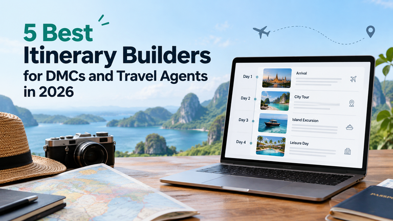 Banner header: '5 Best Itinerary Builders for DMCs and Travel Agents in 2026' with a laptop showing a day‑by‑day itinerary beside a coastal landscape.