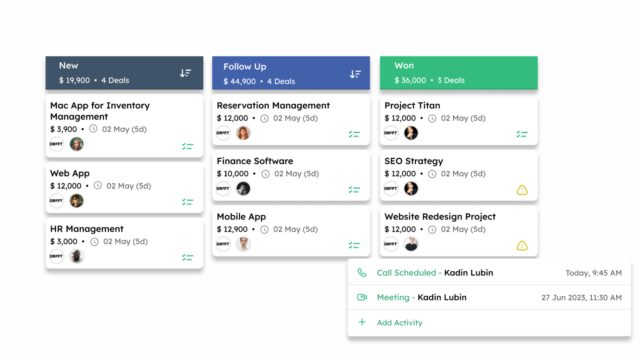 Kanban-style project board with three columns (New, Follow Up, Won); each white card shows project name, budget, due date and avatars, plus status icons. A bottom-right panel lists scheduled calls, meetings, and an option to add activity.