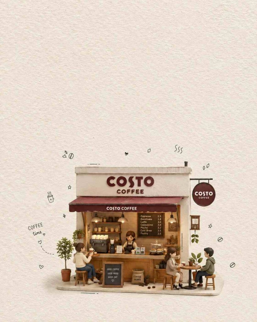 A Costa Coffee kiosk with a staff member serving customers at a small counter, sign reading COSTA COFFEE above, and two patrons seated at a table outside enjoying drinks.