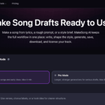 Dark MakeSong homepage with a large 'Make Song Drafts Ready to Use' headline and a Custom Mode panel showing Basic and Pro mode cards in the foreground.