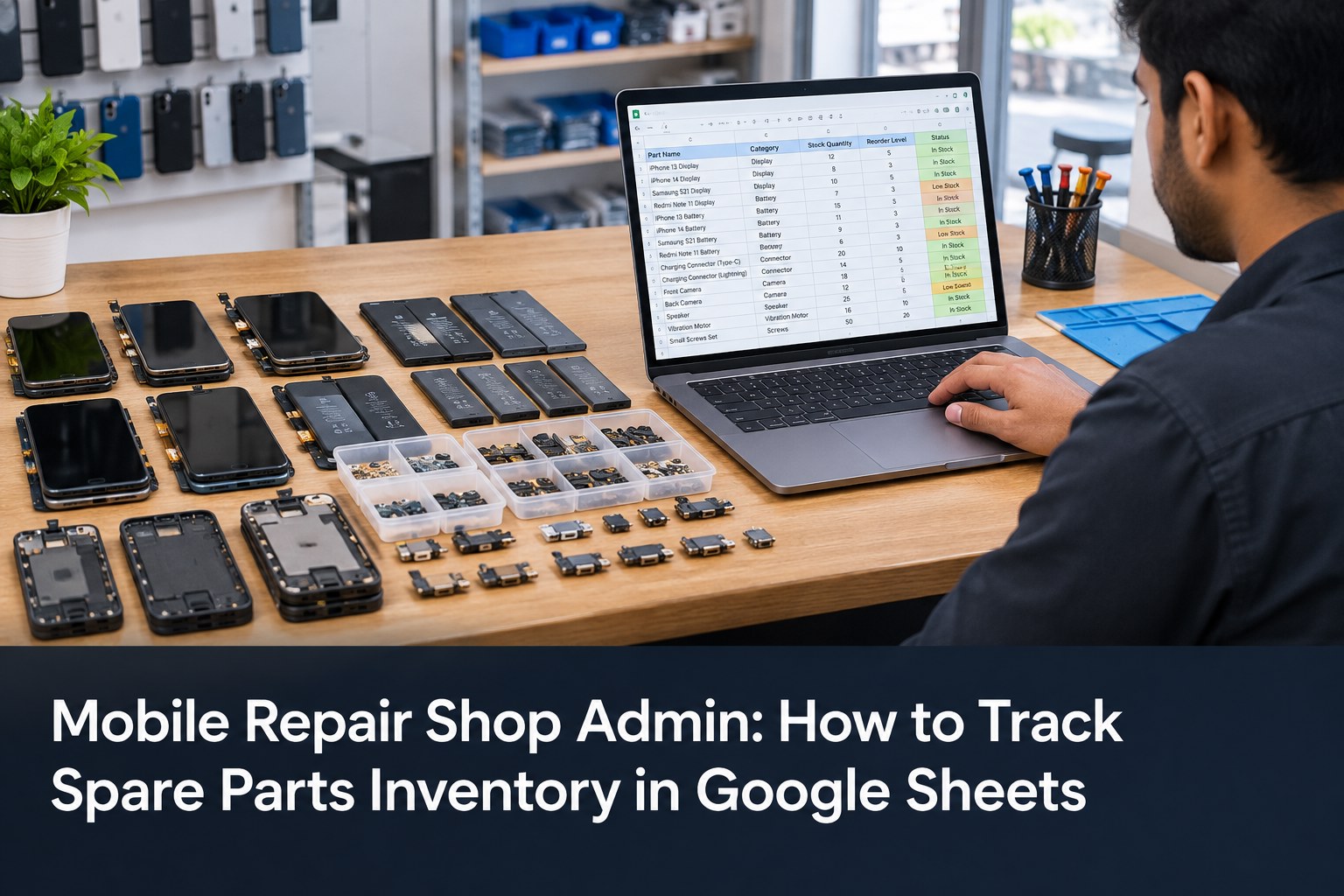 Mobile repair shop admin tracking spare parts inventory in Google Sheets