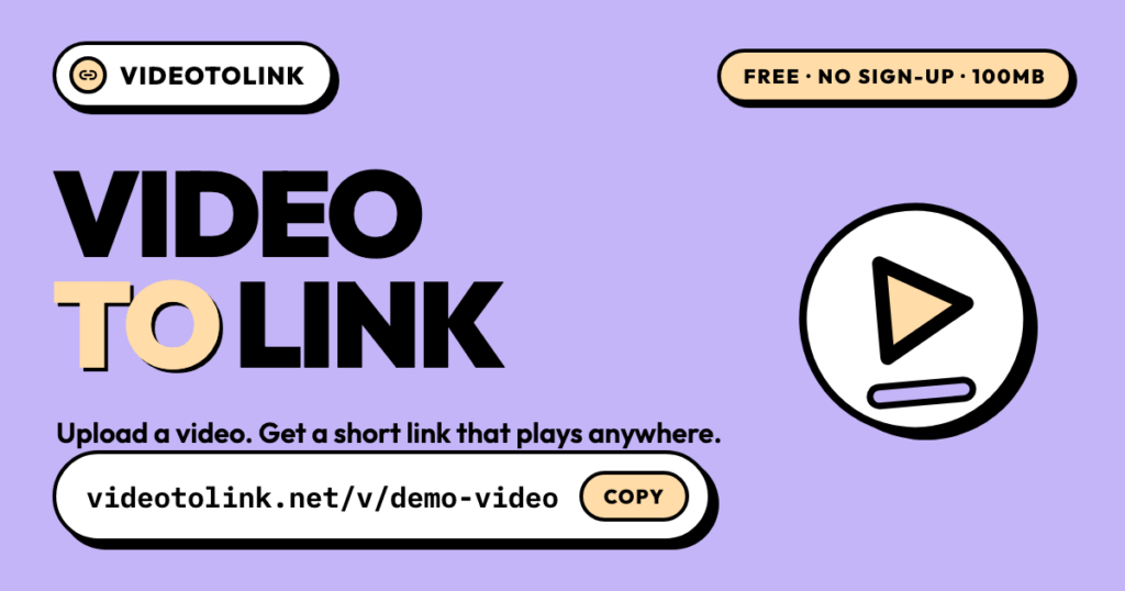 Promotional banner for VideoToLink: bold 'VIDEO TO LINK' text, play icon on the right, purple background, and a Copy button next to the sample URL.