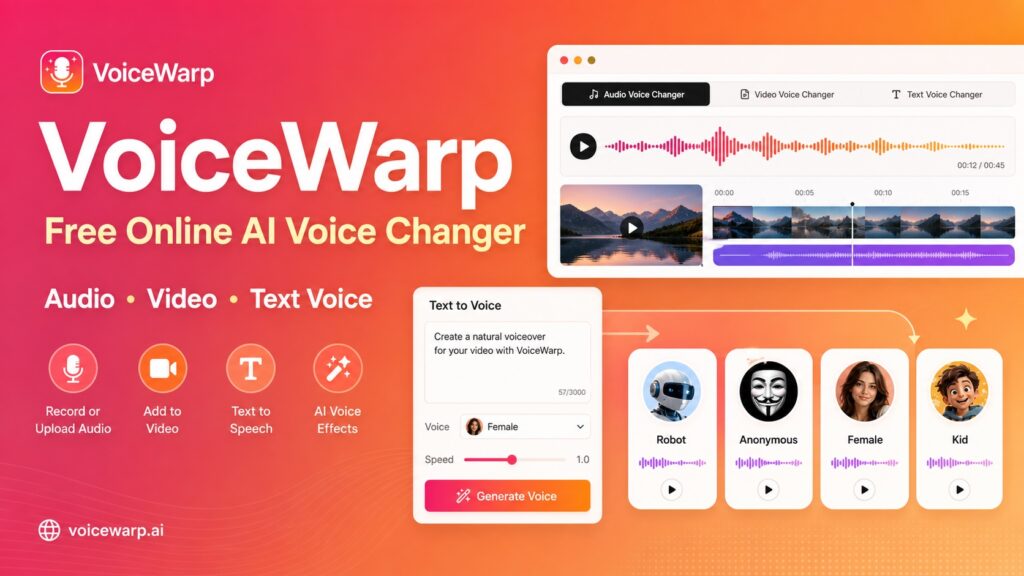 VoiceWarp free online AI voice changer banner showing audio, video, text voice tools and avatar options (Robot, Anonymous, Female, Kid).
