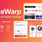 VoiceWarp free online AI voice changer banner showing audio, video, text voice tools and avatar options (Robot, Anonymous, Female, Kid).