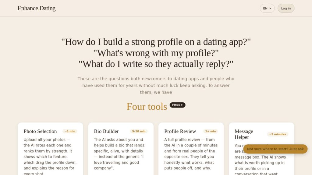 Landing page hero for Enhance.Dating with four feature cards: Photo Selection, Bio Builder, Profile Review, and Message Helper on a beige background.