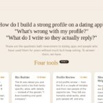 Landing page hero for Enhance.Dating with four feature cards: Photo Selection, Bio Builder, Profile Review, and Message Helper on a beige background.