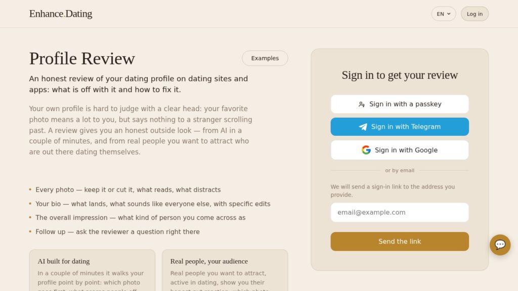 Beige-themed webpage showing a 'Profile Review' section on the left and a beige sign-in panel on the right.