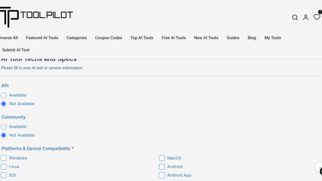Form titled 'AI Tool Feats and Specs' showing availability radios for API and Community, plus platform checkboxes (Windows, Linux, iOS, MacOS, Android, Android App).