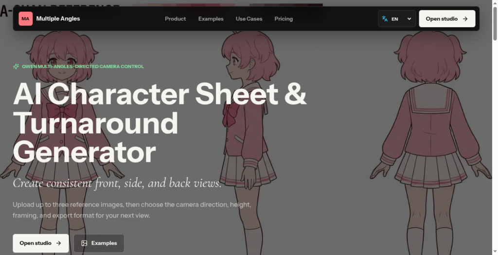 Hero banner for the AI Character Sheet & Turnaround Generator showing three pink-haired anime-style characters in turnaround poses with large white headline text overlaid.