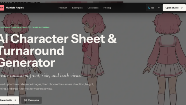 Hero banner for the AI Character Sheet & Turnaround Generator showing three pink-haired anime-style characters in turnaround poses with large white headline text overlaid.