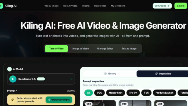 Hero section of Kiling AI homepage showing the title 'Kiling AI: Free AI Video & Image Generator', subtitle text, dark gradient banner, navigation bar, and a bright lime-green 'Text to Video' button.