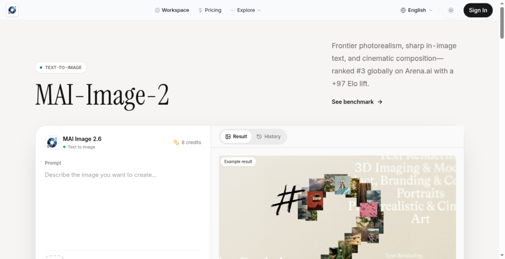 Screenshot of a MAI image generation UI labeled 'MAI-Image-2' with a left panel for prompts and a right panel showing a sample result image of a collage.