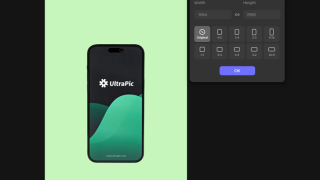 Black iPhone displaying UltraPic wallpaper centered on a mint green background