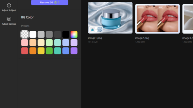 Screenshot of UltraPic Batch Editor UI showing the Remove BG tool, left toolbar options, and three image thumbnails on the right (image1.png, image2.png, image3.png).
