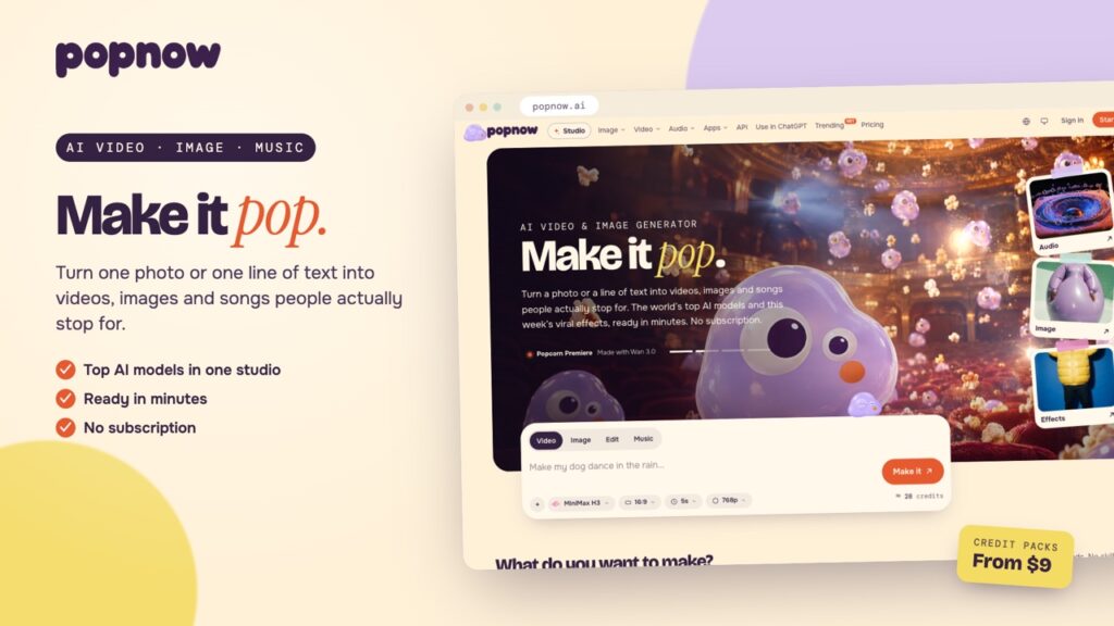 Promotional hero: pastel beige background with 'Make it pop' branding and left-aligned benefits list beside a screenshot of the app UI on the right side.