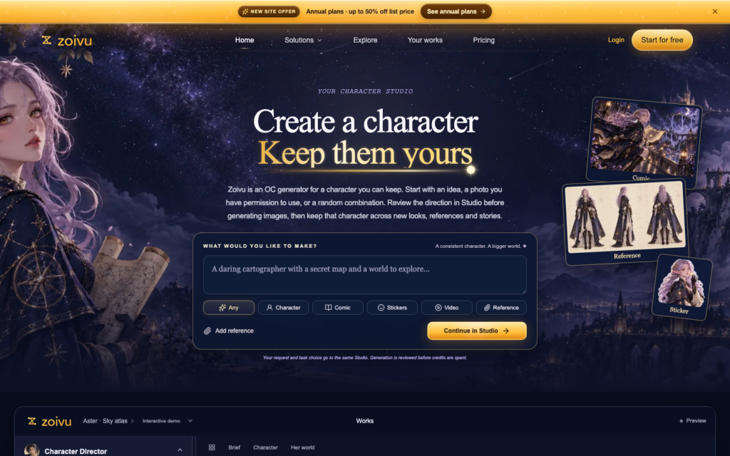 Zoivu character creator hero: starry fantasy backdrop with a left-side illustrated character, bold white and gold headline saying “Create a character” and “Keep them yours,” and a dark input panel with a yellow “Continue in Studio” button on the right.
