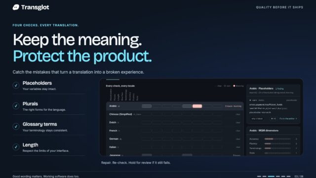 Hero banner promoting 'Keep the meaning. Protect the product.' with four checkpoints (Placeholders, Plurals, Glossary terms, Length) and a laptop-sized UI mockup on the right, branding 'Transglot' top-left, dark blue gradient background.