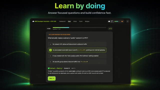 Dark-themed online quiz interface showing a question with multiple choice options and a green Next button, set against a neon green/blue background with 'Learn by doing' headline above.