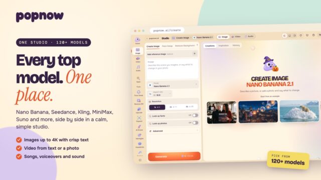 Popnow Studio ad with a cream background, bold headline on the left and a pastel UI mockup on the right showing 'Create Image Nano Banana 2.1'.