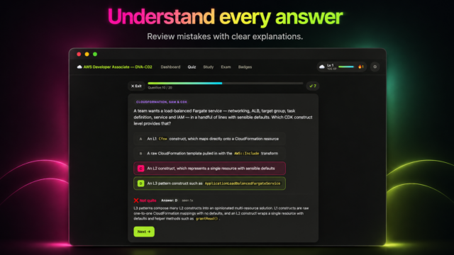 Dark-themed quiz interface on a laptop window with a progress bar and four colored answer choices.