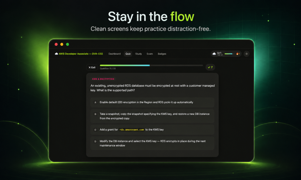 Hero graphic: dark app window showing a quiz screen with a progress bar and question about KMS encryption, on a green-glow backdrop.