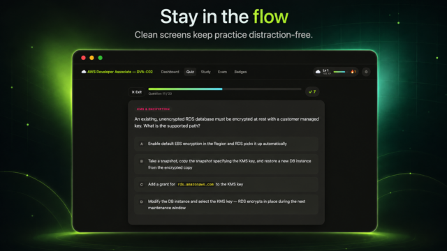 Hero graphic: dark app window showing a quiz screen with a progress bar and question about KMS encryption, on a green-glow backdrop.