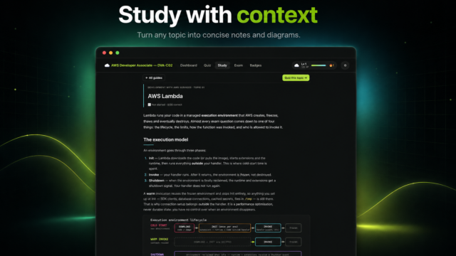 Hero banner advertising 'Study with context' with a dark gradient background and a screenshot of a study app showing AWS Lambda notes.