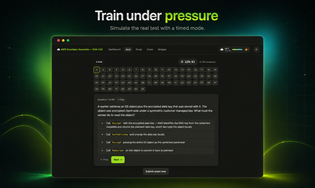 Hero image showing a dark quiz dashboard with a numbered answer grid and a sample question about S3 encryption, set against a neon green backdrop and the headline 'Train under pressure'.