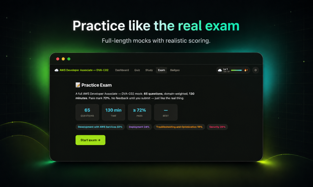 Promotional banner showing a dark dashboard mockup with 'Practice Exam' and a lime-green Start exam button against a neon glow background.