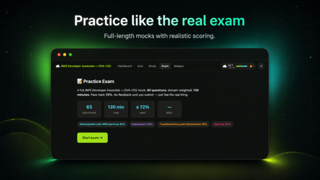 Promotional banner showing a dark dashboard mockup with 'Practice Exam' and a lime-green Start exam button against a neon glow background.