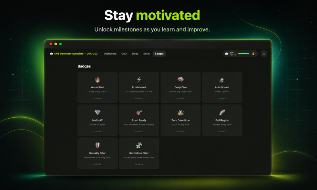 Dashboard showing achievement badges (Warm Start, Provisioned, Deep Dive, Auto Scaled) on a dark, glowing UI.