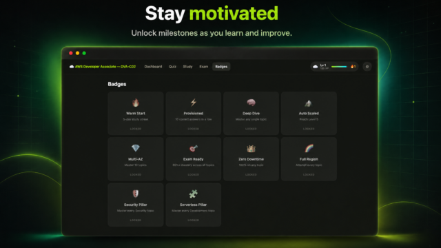 Dashboard showing achievement badges (Warm Start, Provisioned, Deep Dive, Auto Scaled) on a dark, glowing UI.