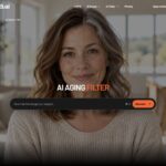 Smiling woman in a beige sweater in a bright room; hero image for AI Aging Filter with a dark rounded search input bar overlayed.